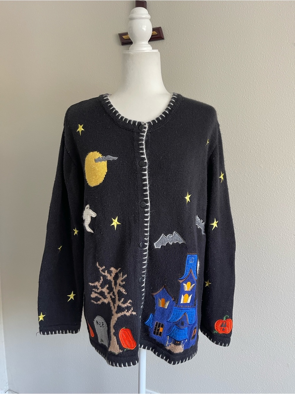 Black Halloween Embroidered Button-Front Cardigan Sweater